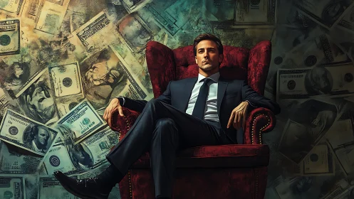 Power-dressed magnate reclining amid swirling money.