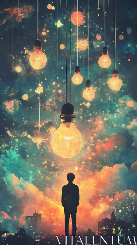 Silhouette observing suspended luminous bulbs over cosmic city.