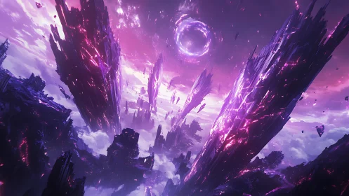Shattered nebula spires drift beneath a blazing violet portal.