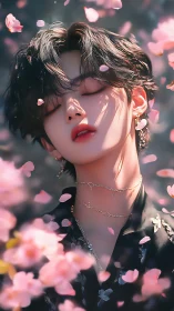 Digital portrait of youth amid pink cherry blossom petals.