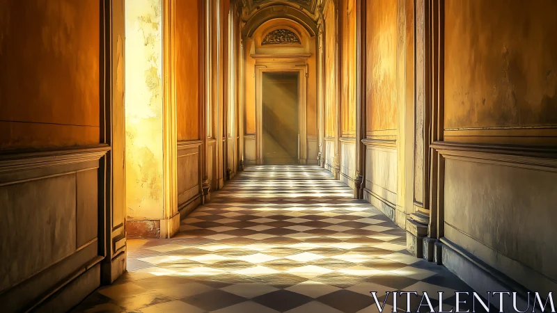 Sunlit neoclassical corridor with checkerboard floor optics.