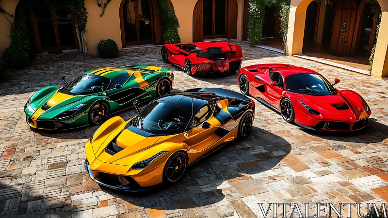 High-spec hypercars arrayed in sunlit Mediterranean courtyard.