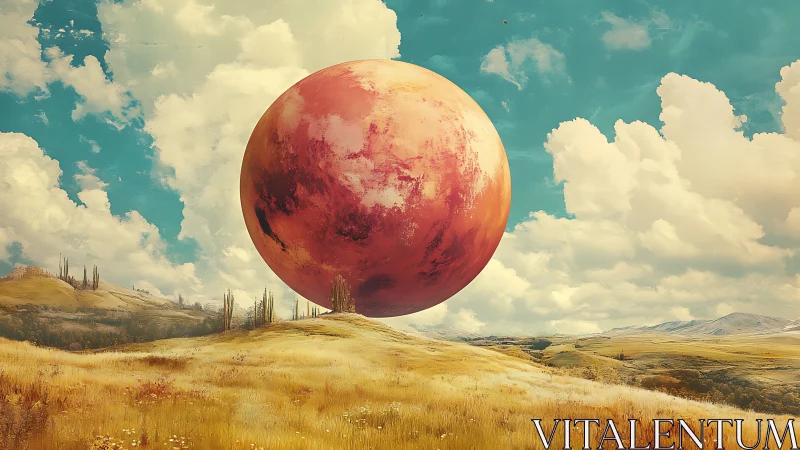 Giant red sphere floating over golden open landscape.