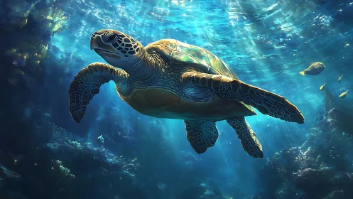 Gentle sea turtle gliding through sunlit underwater blues.