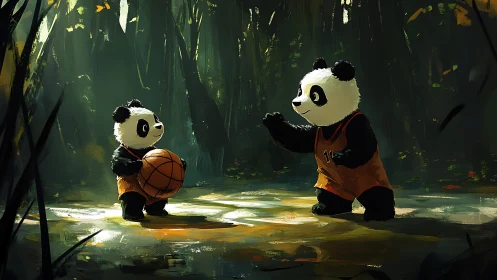 Panda point guard dreams in a bamboo forest court glow.
