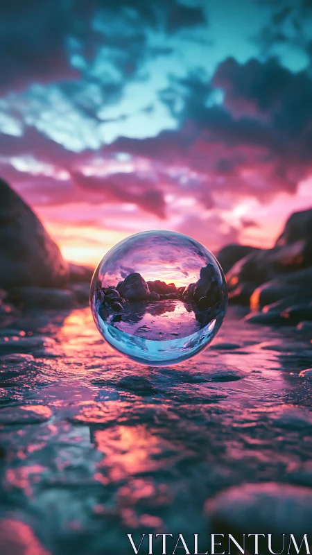 Glass sphere hovers over reflective stream at vivid sunset