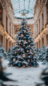 Snow-laden Christmas tree stands under bokeh-lit glass arcade