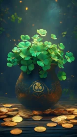 Golden pot of clovers glows softly among scattered coins