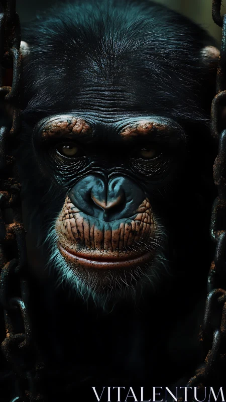 Gentle chimpanzee gazing calmly through the dim light.