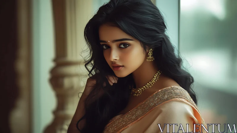 Portrait depicts woman in sari near window in soft focus