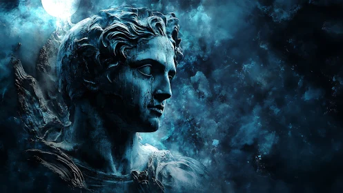 Moonlit marble guardian gazing into a swirling night sky.