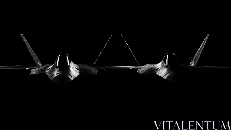Two modern stealth fighter jets in dramatic low-key lighting.