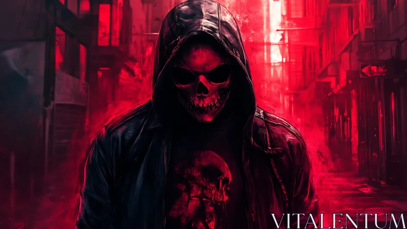 Digital painting of hooded skull figure in neon red alleyway.