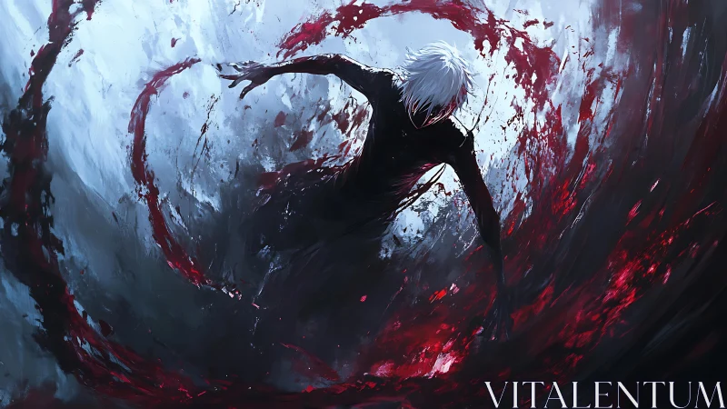 Storm of crimson power swirling around lone white-haired figure.