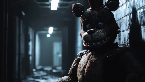 Haunted bear animatronic waits in a dim, eerie hallway