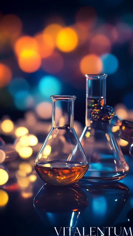 Photorealistic lab glassware with bokeh-lit chromatic background.