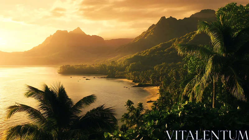 Tropical coastal valley bathed in golden hour sunlight with mountains.