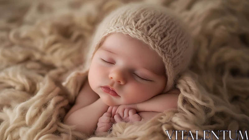Newborn infant portrait with cream knit bonnet on soft textured backdrop in repose