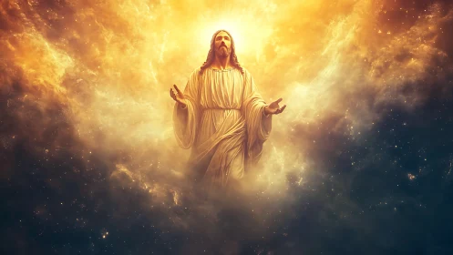 Radiant robed figure ascending through luminous clouds.