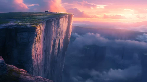 Sunset cliff plateau above clouds in soft digital light.