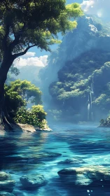 Mountain lagoon renders volumetric light across stratified foliage