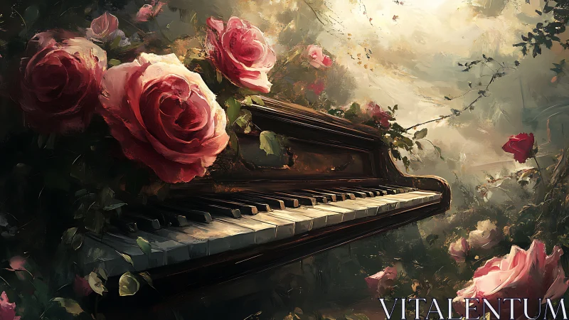 Piano keyboard surrounded by pink roses in diffuse light.
