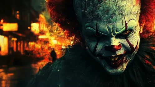 Digital rendering shows sinister clown face in urban night scene
