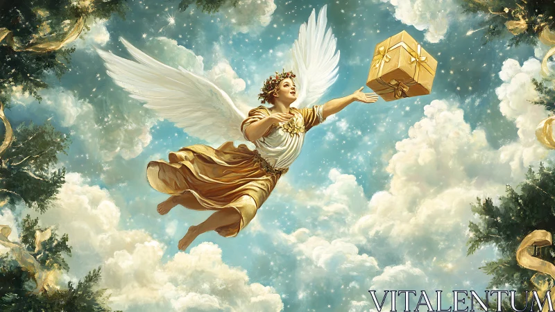 Winged figure reaches for suspended gift box in clouds