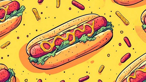 Bold cartoon hot dog pattern on bright yellow background.