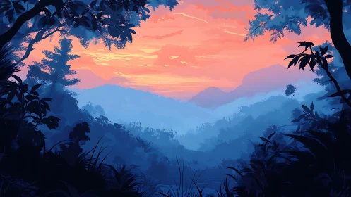 Chromatic gradient jungle valley at dusk with layered silhouettes.