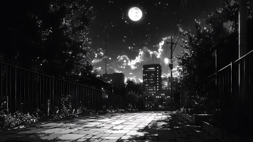 Moonlit urban walkway under starlit monochrome sky.