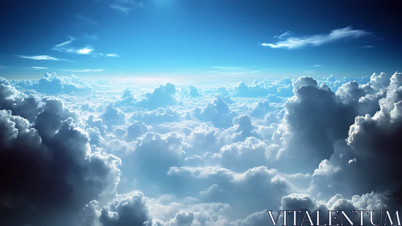 Sunlit cloud ocean stretches toward a tranquil blue horizon