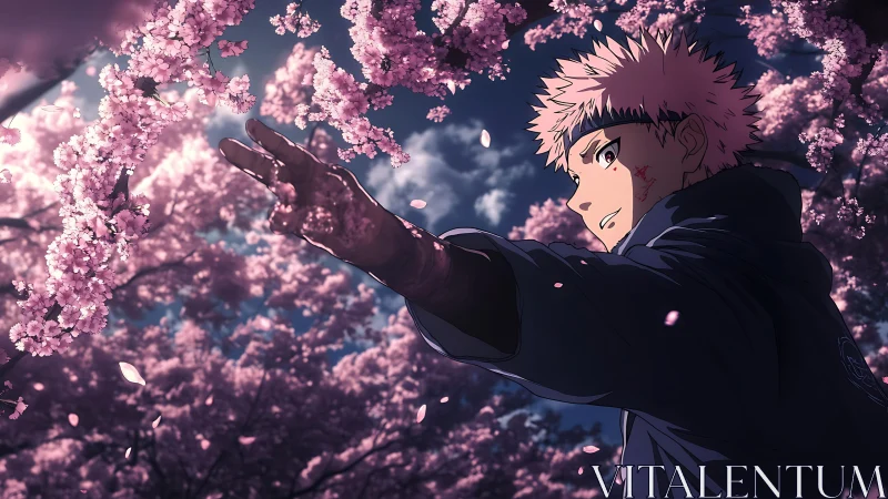 Anime hero under glowing cherry blossoms at dusk.