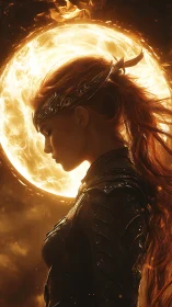 Solar warrior profile glows against blazing celestial sphere