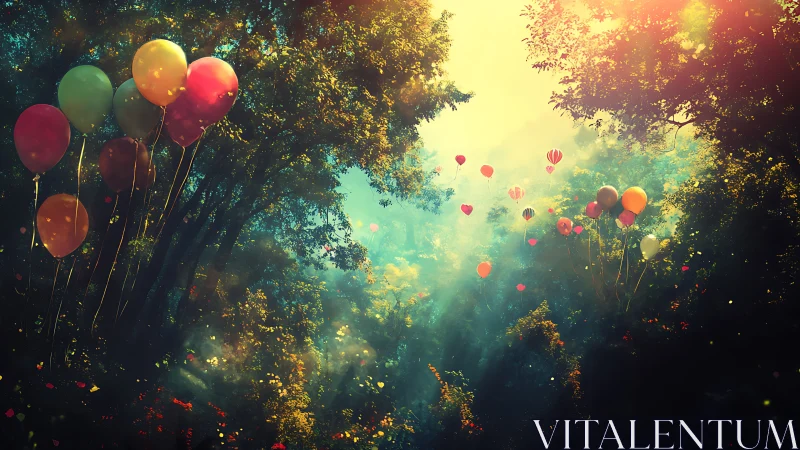 Whimsical Forest Dreams: Colorful Balloons Float Through Enchanted Trees