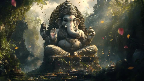Stone Ganesha statue in dense jungle temple setting.