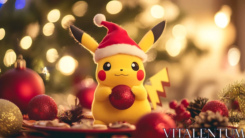 Pikachu in Santa hat holds red ornament before glowing tree