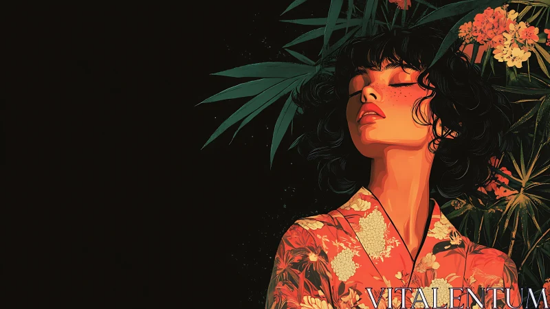 Chromatic portrait of serene woman amid stylized tropical botanics.