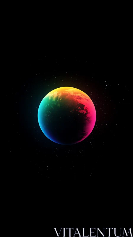 Neon gradient planet floating in deep black space background.