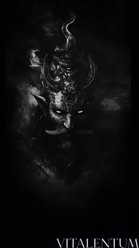 Dark horned spirit emerges with glowing eyes from shadow