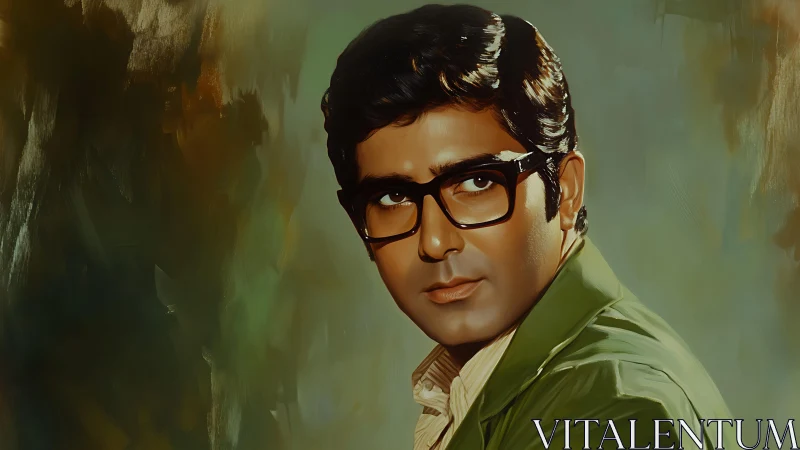 Retro portrait painting of man in glasses on soft abstract background.