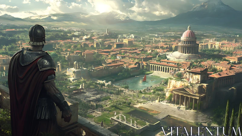 Roman armored figure overlooking expansive classical cityscape.