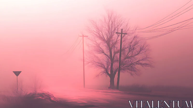 Pink fog road with bare tree and power lines at dusk.