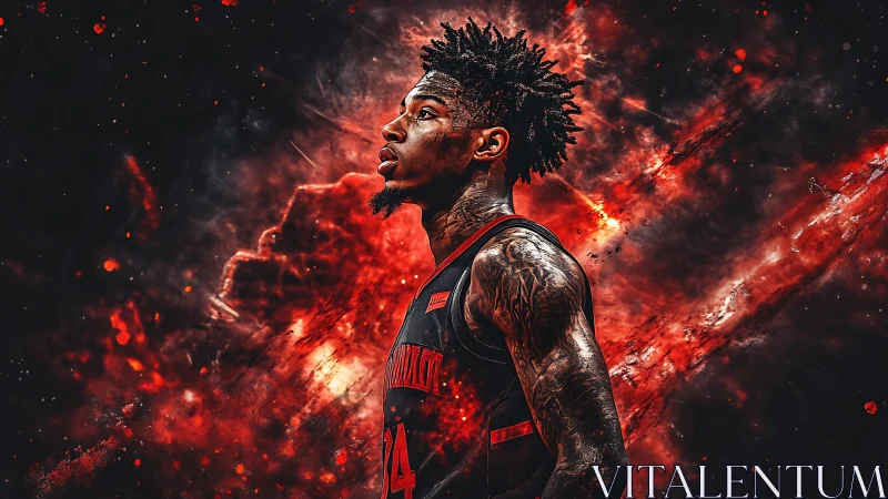 Starlit court warrior rising through a crimson nebula blaze.