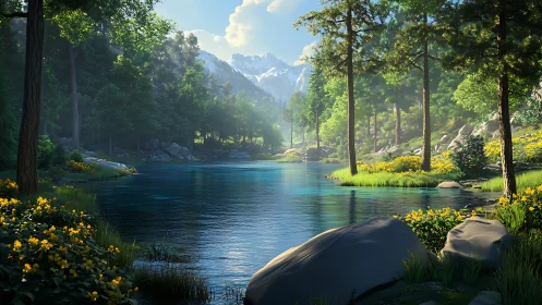 Luminous alpine river valley with pines and distant peaks.