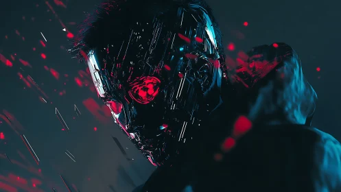 Mysterious cyber figure glowing with bold neon red light.