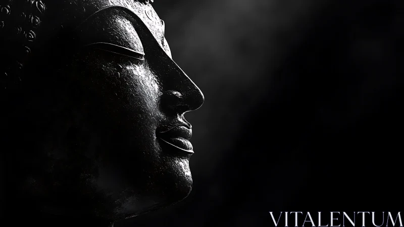 Serene Buddha profile in dramatic low key lighting study.