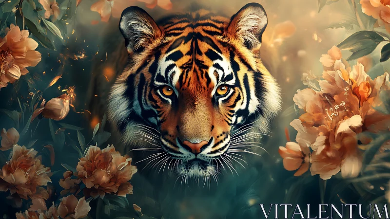 Tiger head centered among orange flowers and foliage.