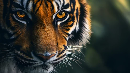 Close tiger face with sharp amber eyes in soft focus jungle.