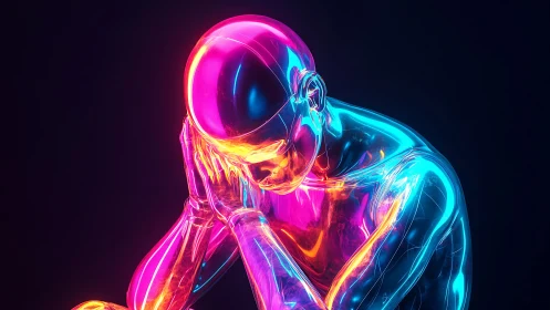 Neon-lit transparent android bows head in contemplative pose